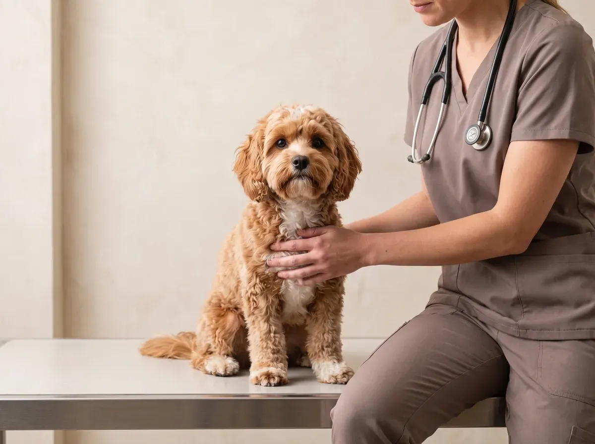 Cavapoo, a calm apricot adult on a clinic table as a vet in taupe scrubs rests a hand on the dog's chest