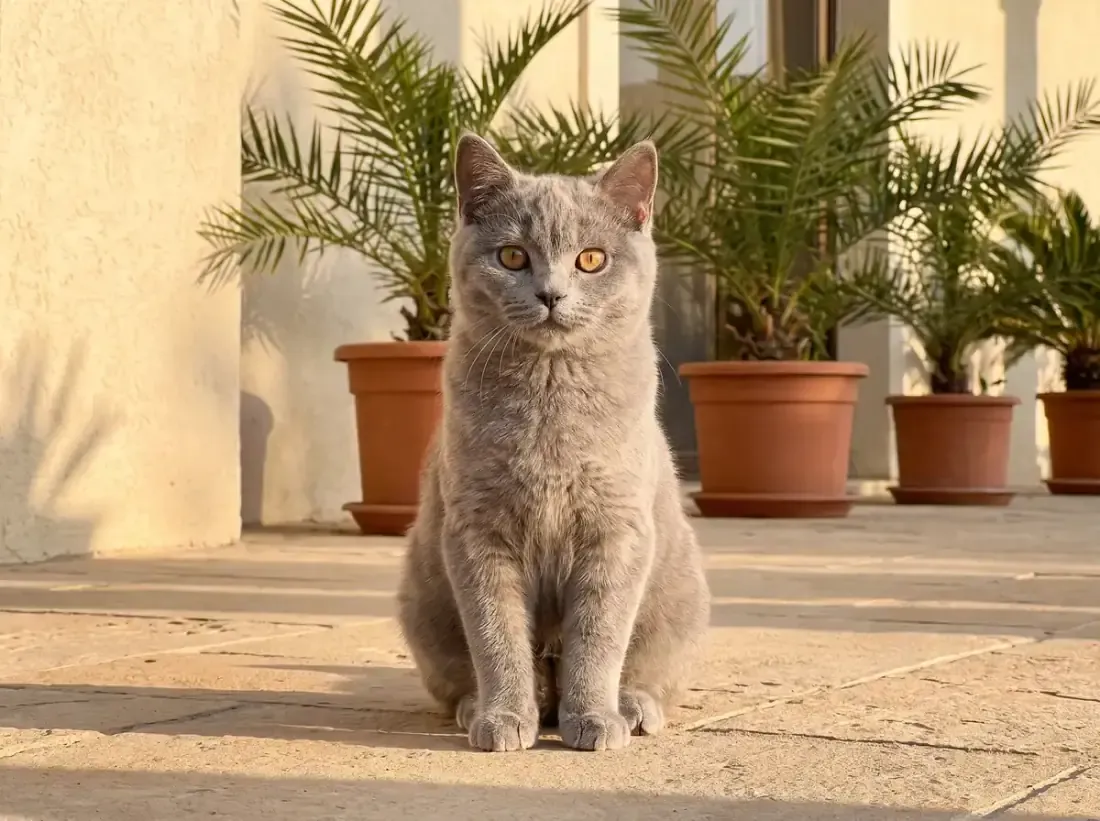 Chartreux in Dubai, a blue-grey kitten sitting on a sunlit stone terrace beside potted date palms