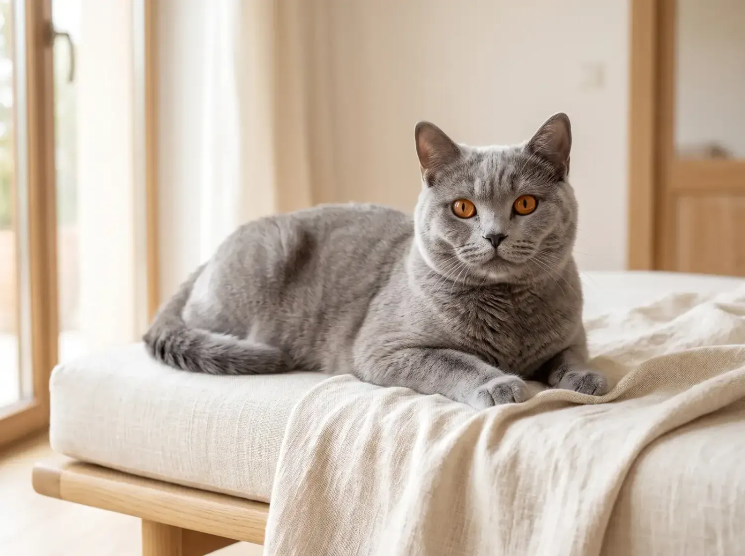 Chartreux, a pale silvery-grey adult with copper eyes lying on a cream linen throw