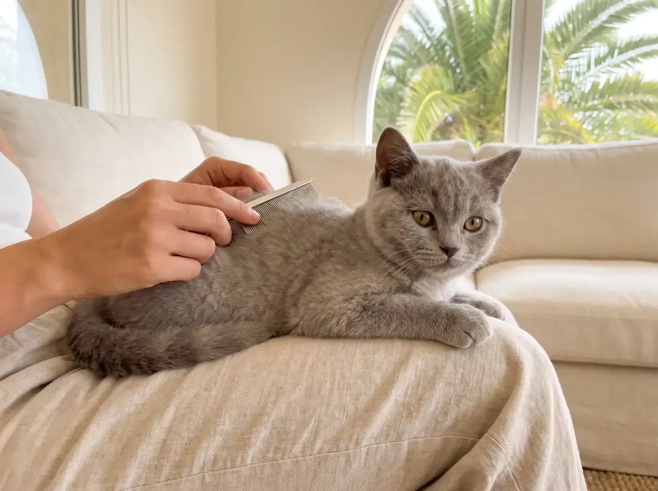 Chartreux in Dubai, a blue-grey kitten combed gently in a lap on the sofa, palms outside