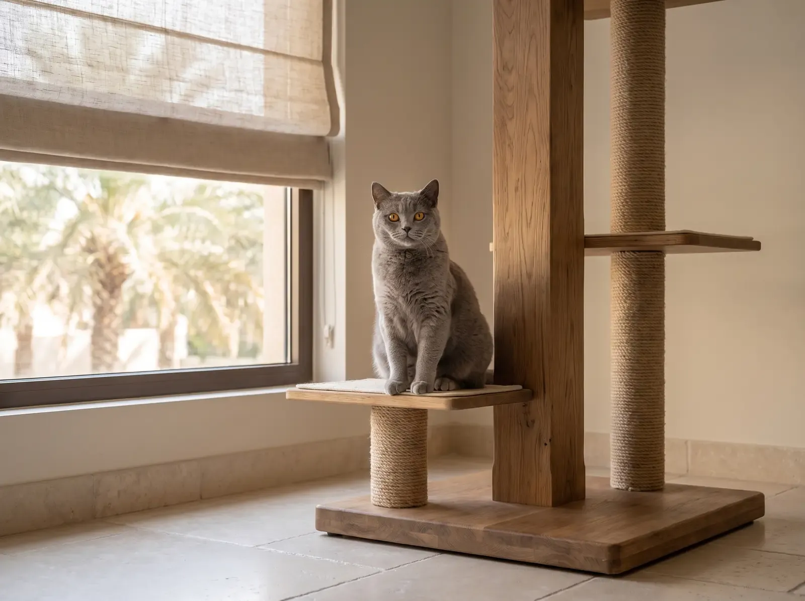 Chartreux in Dubai, a blue-grey adult on a heavy-based cat tree by a shaded window, palms outside