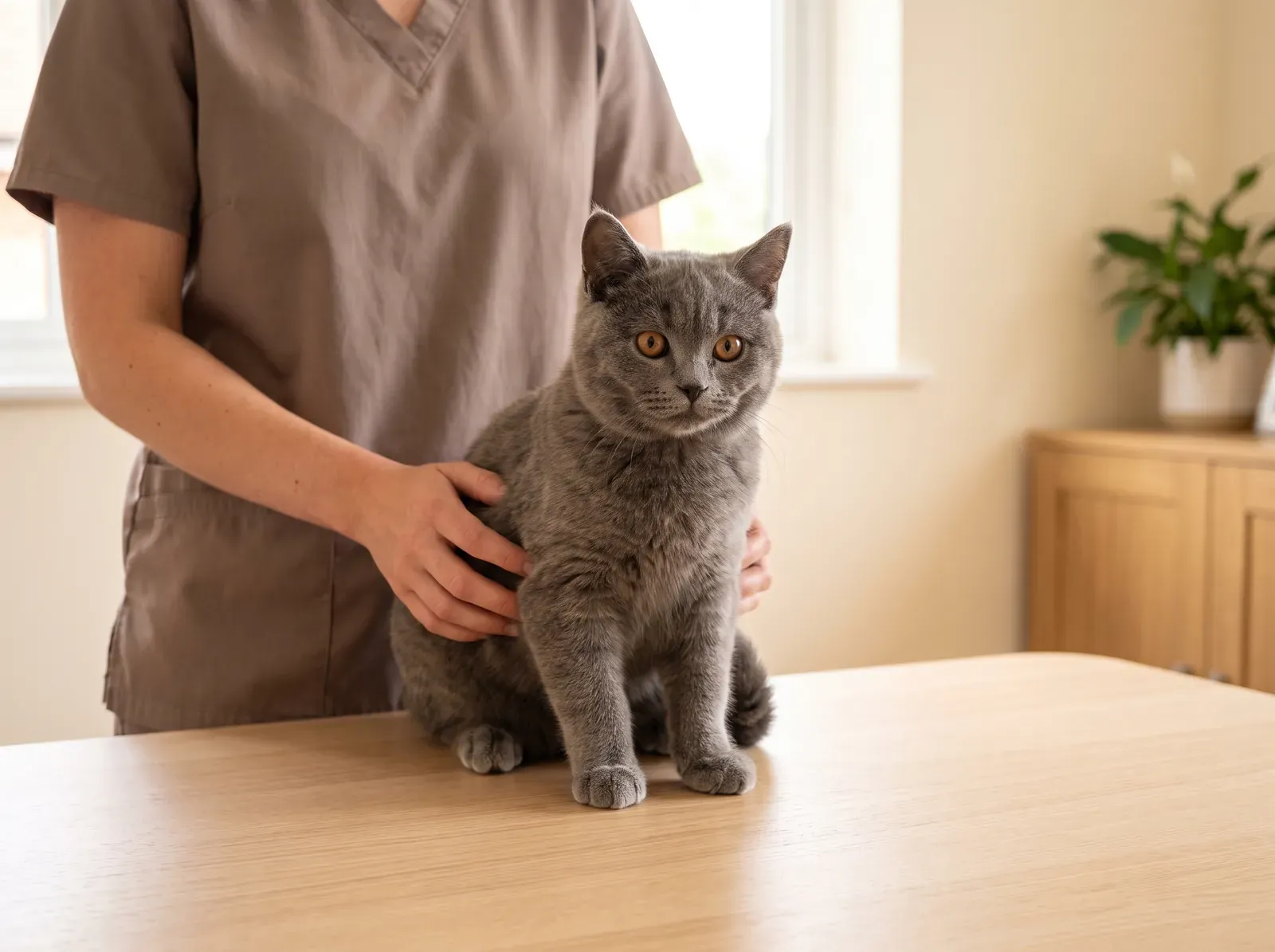Chartreux, a blue-grey kitten sitting calmly on a consultation table, steadied by hands in taupe scrubs