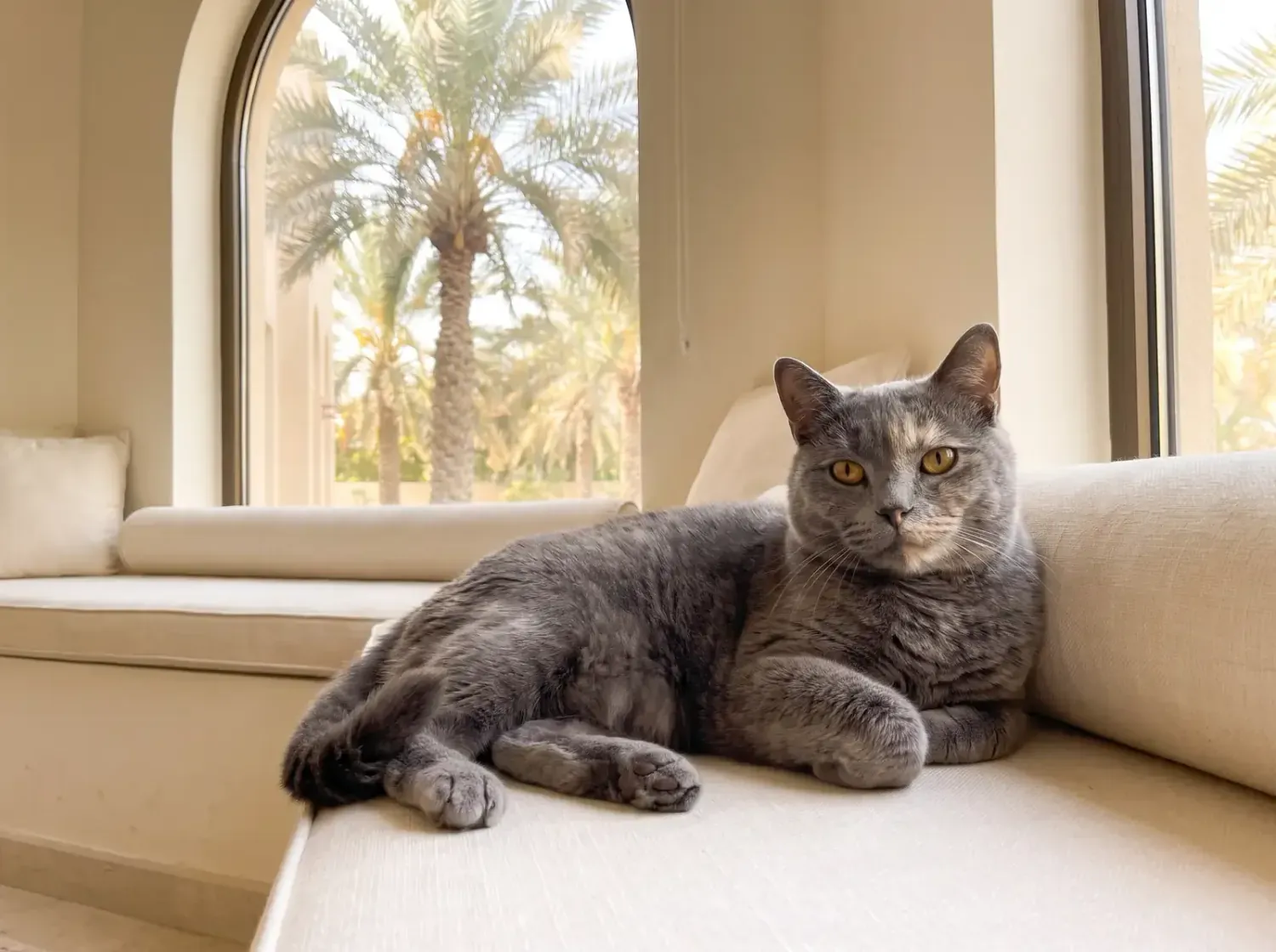 Chartreux in Dubai, an older slate-grey cat resting on a window seat, eyes open, palms outside
