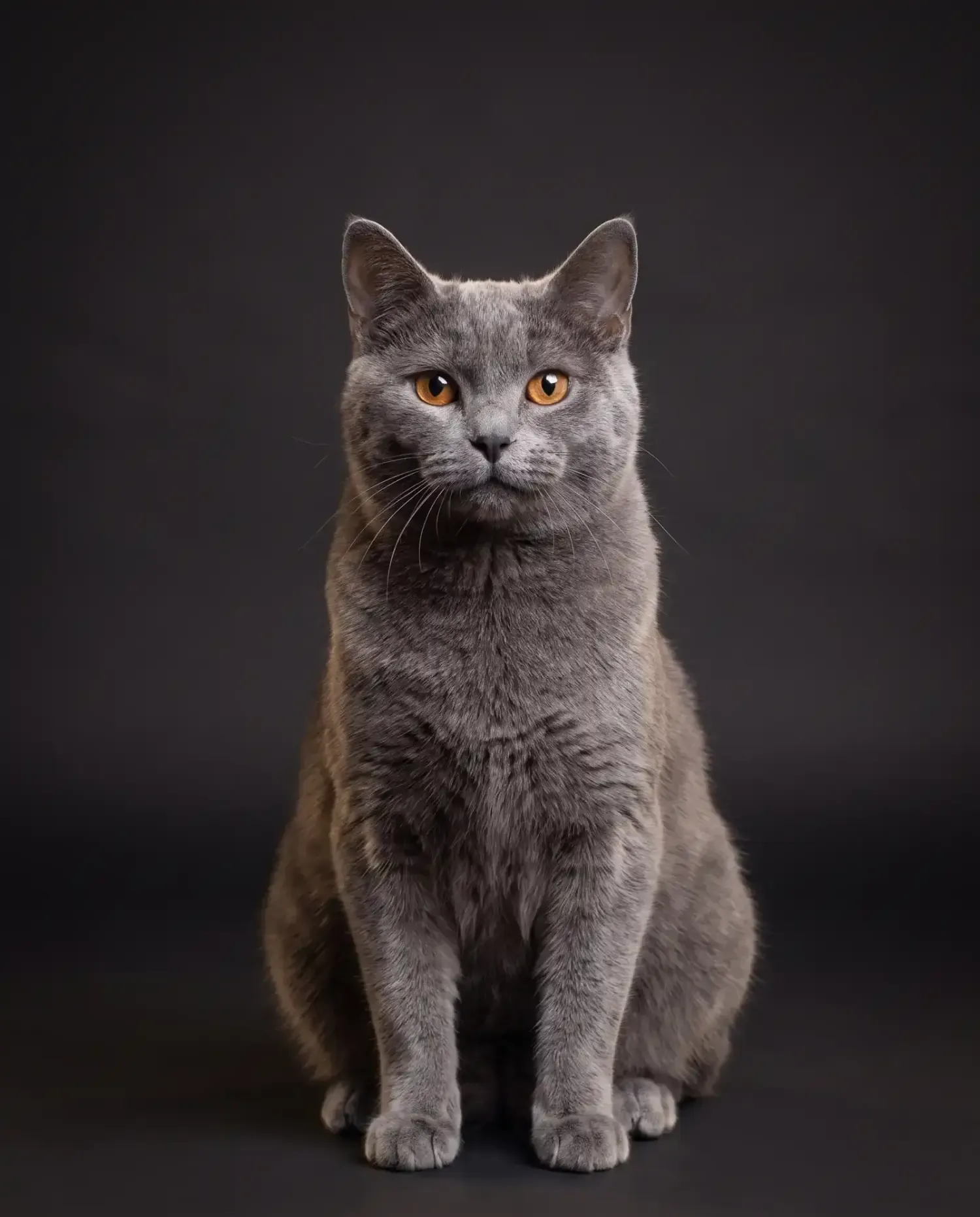 Chartreux in Dubai, studio portrait of a calm blue-grey adult with copper eyes, sitting