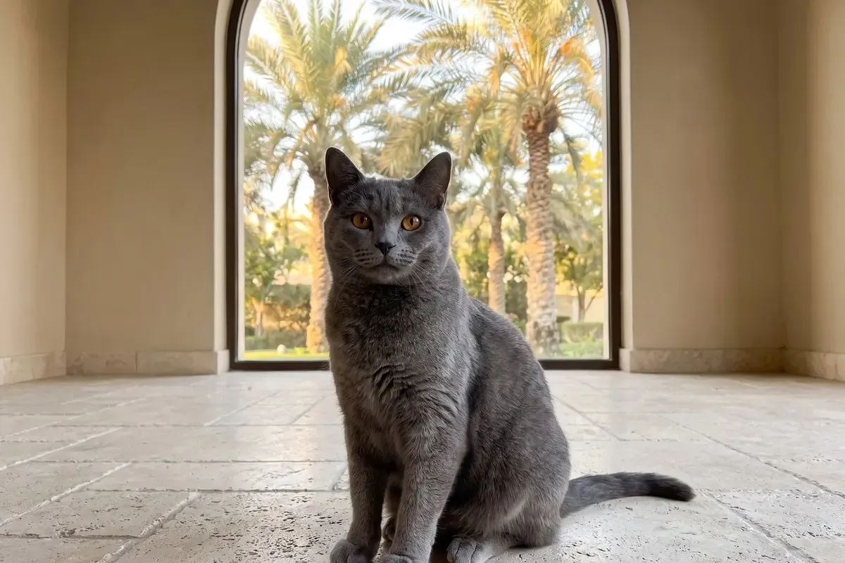 Chartreux history, the breed today, a blue-grey adult in a shaded villa room, Dubai, today