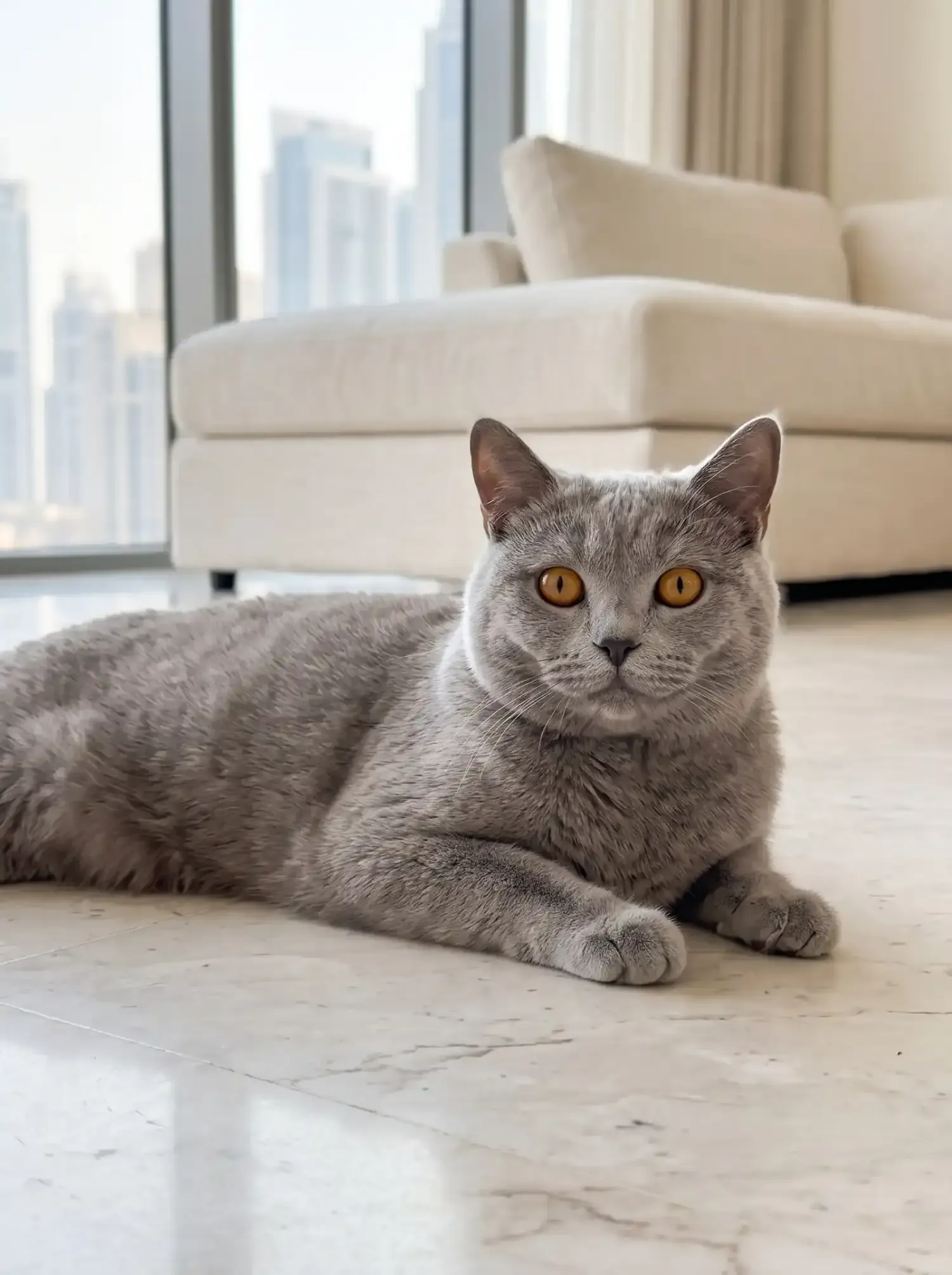 Chartreux in Dubai, the same cat lying on cool marble, the skyline through the window