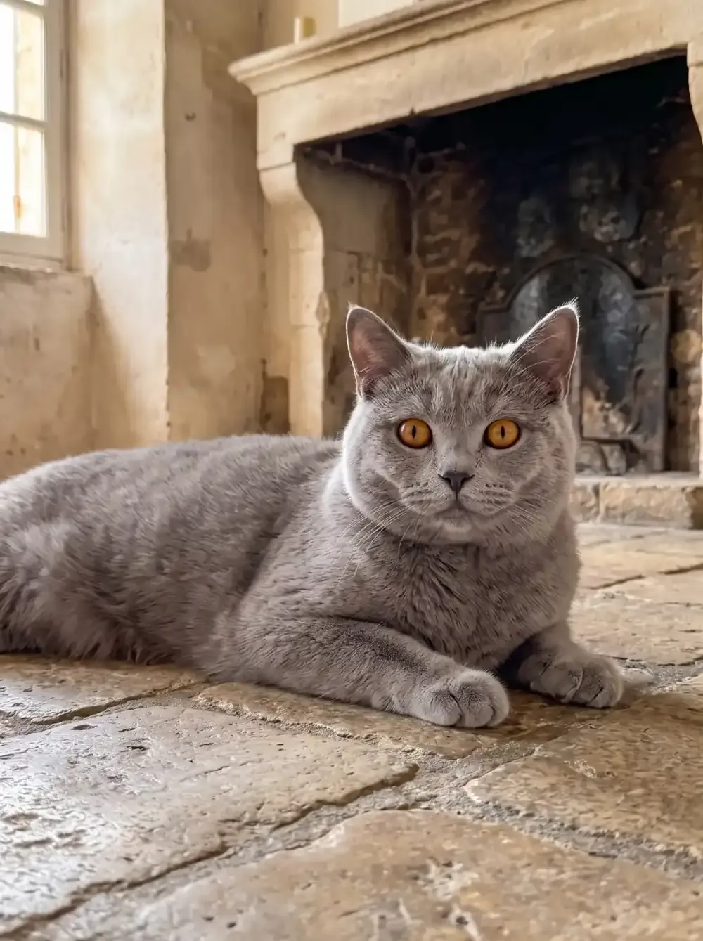 Chartreux, a blue-grey adult lying on the stone floor of an old farmhouse kitchen by the hearth