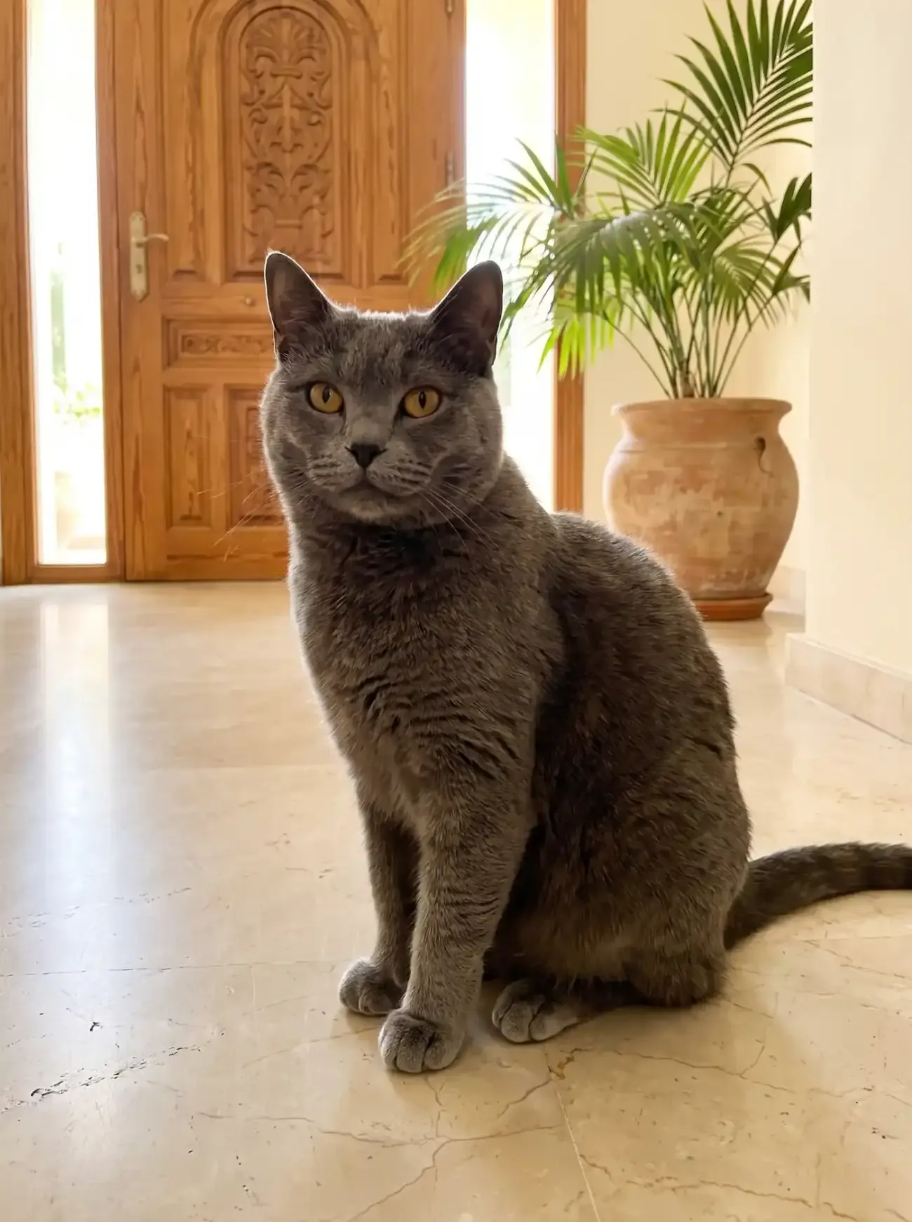 Chartreux, a slate-grey adult sitting quietly on a marble floor by a carved front door