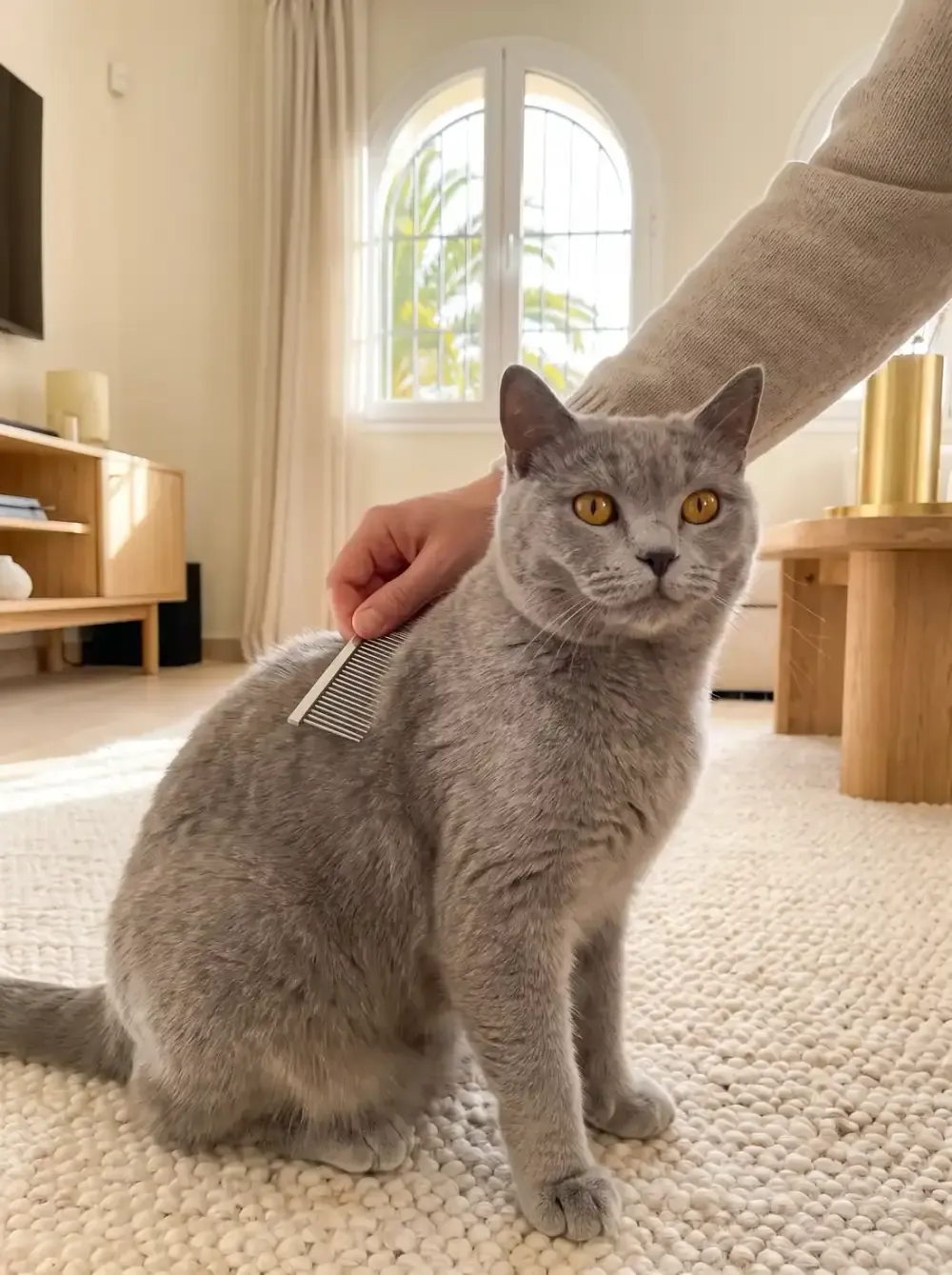 Chartreux in Dubai, a hand combing a calm blue-grey adult with a metal comb, palms outside