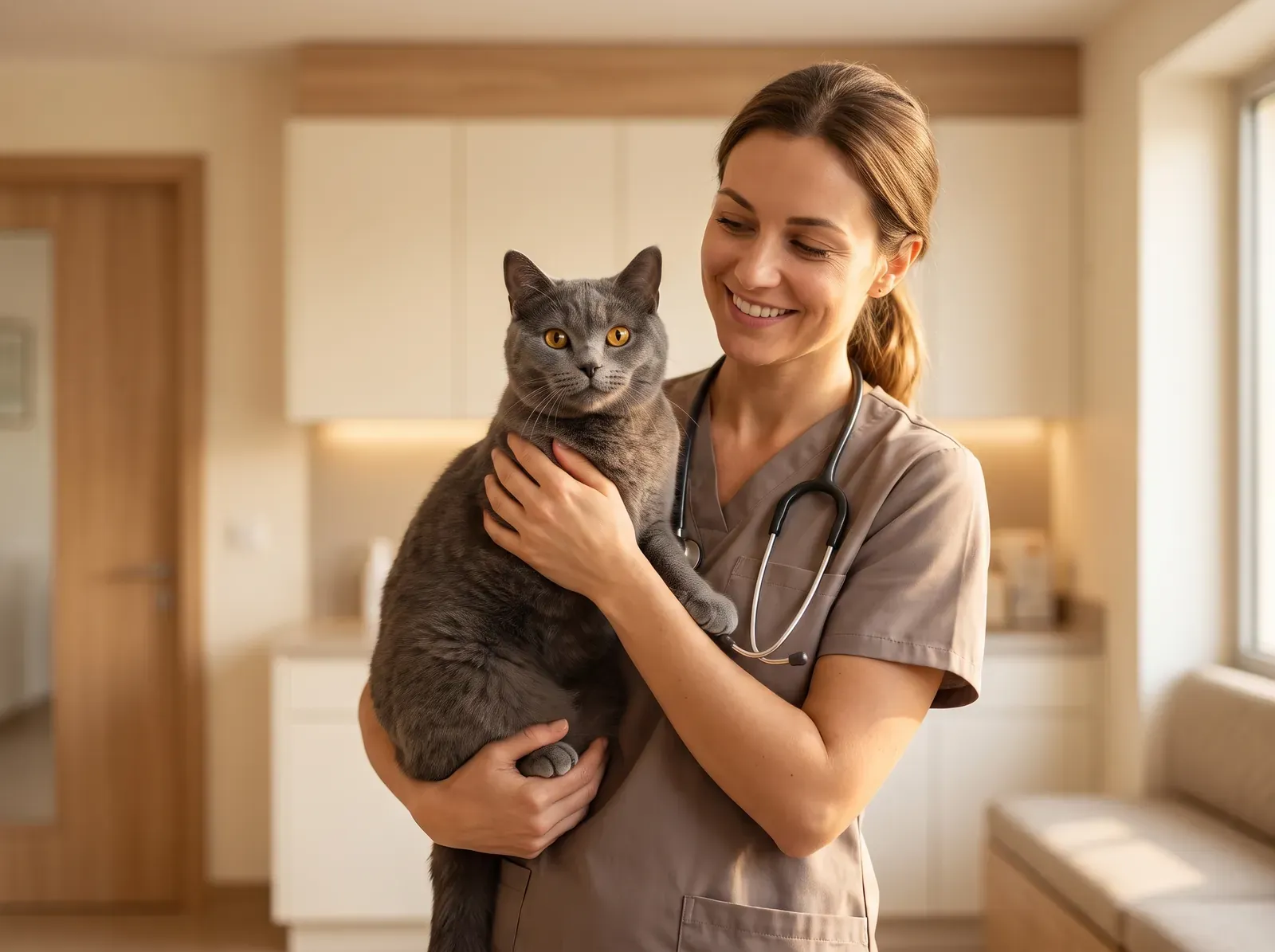 Chartreux, a slate-grey cat held against the chest of a smiling vet in taupe scrubs