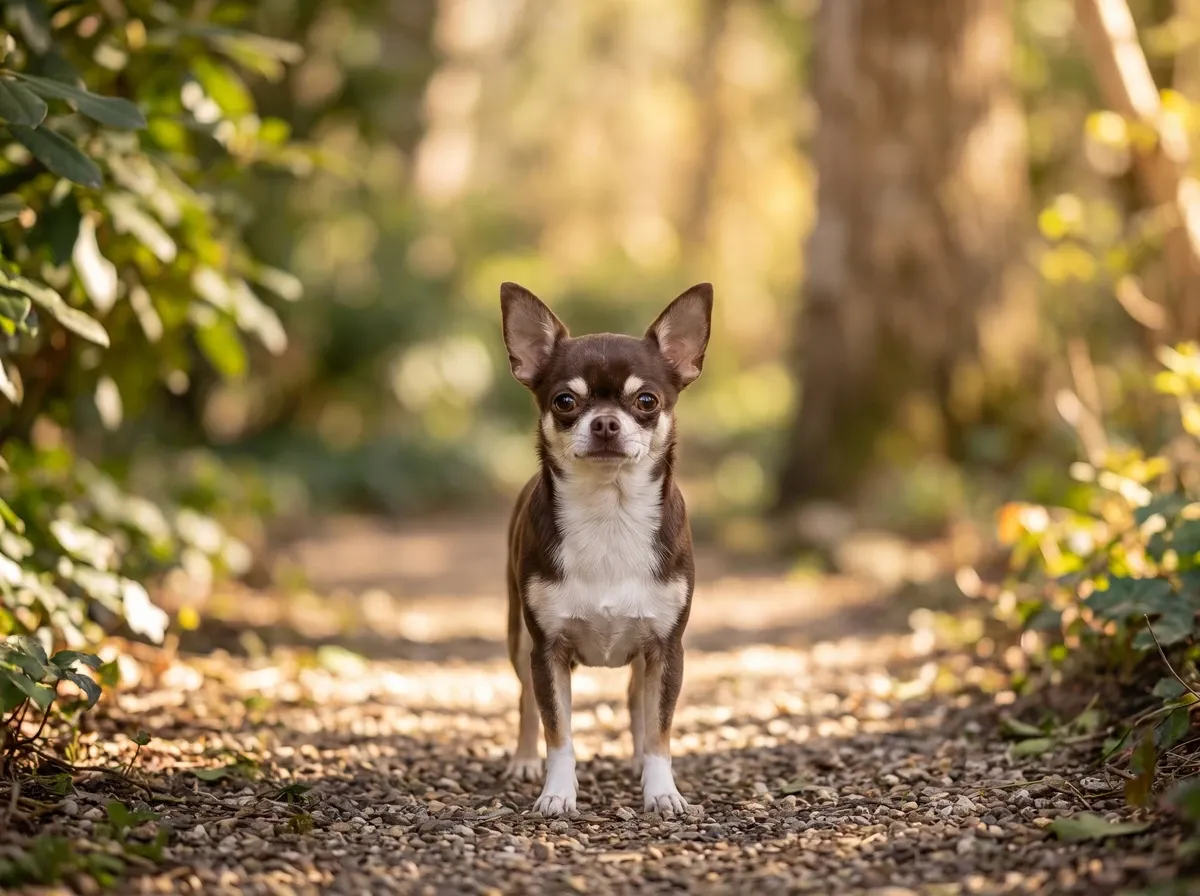 Chihuahua, a chocolate and white adult standing on a shaded woodland path, facing the camera