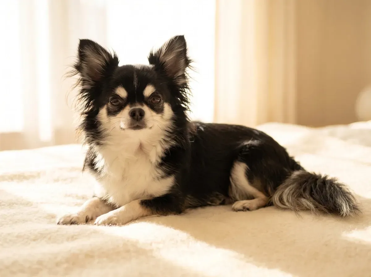 Chihuahua, a long-coated black and white adult lying on a cream blanket in soft light