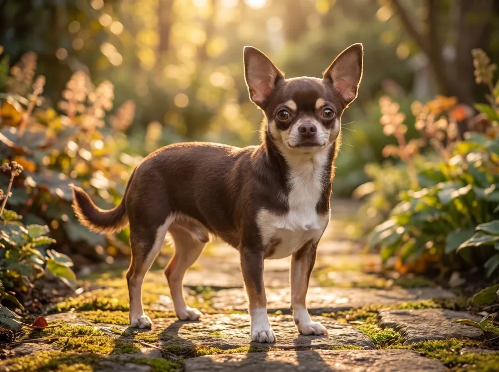 Chihuahua, a chocolate and white adult standing on a mossy stone garden path in early light