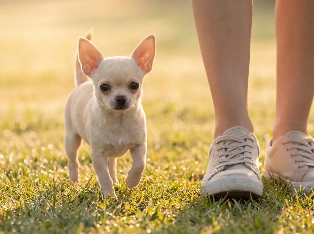 Chihuahua, a cream puppy walking on grass beside a pet parent's trainers