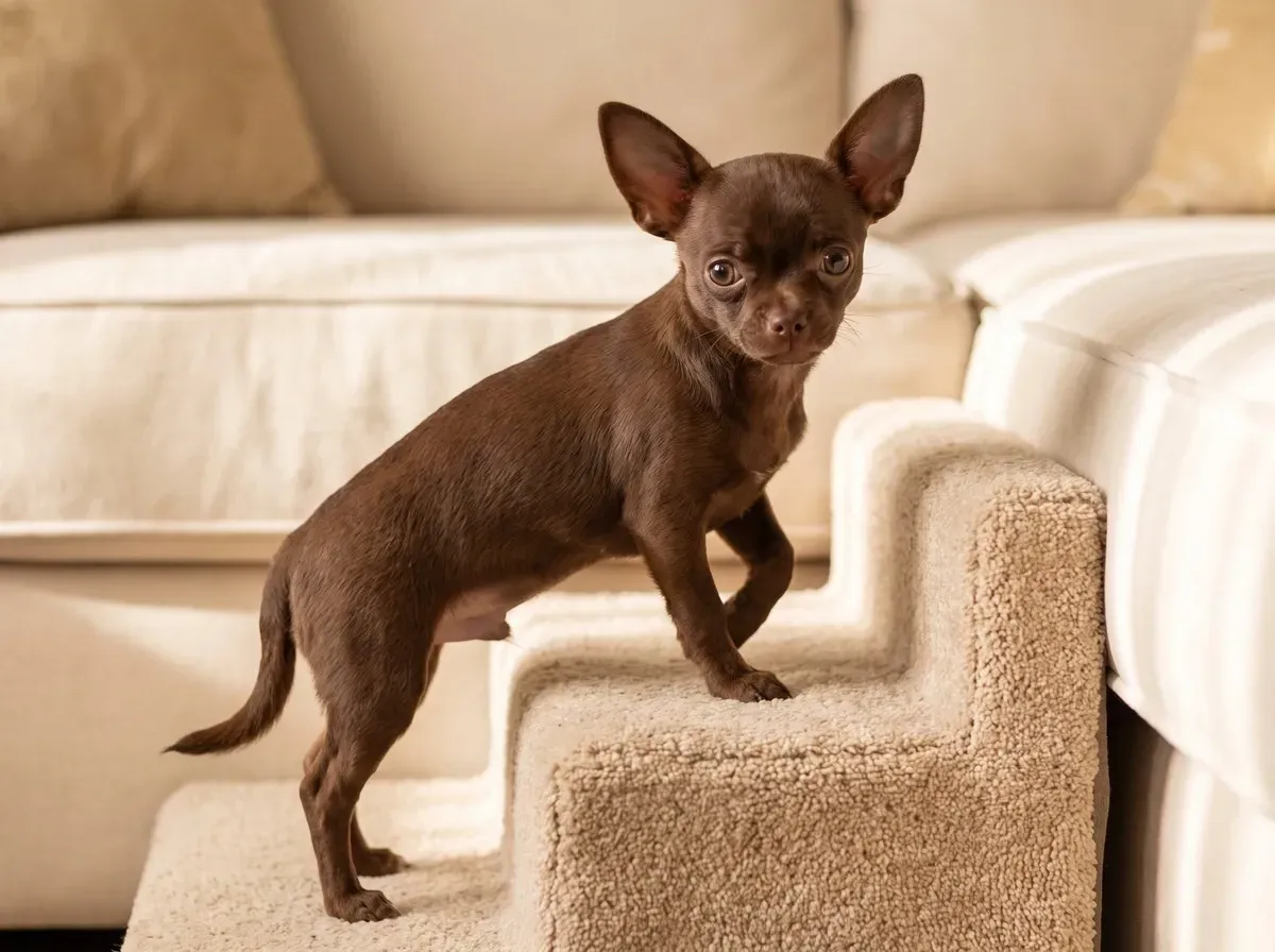 Chihuahua, a chocolate puppy climbing carpeted dog steps beside a cream sofa