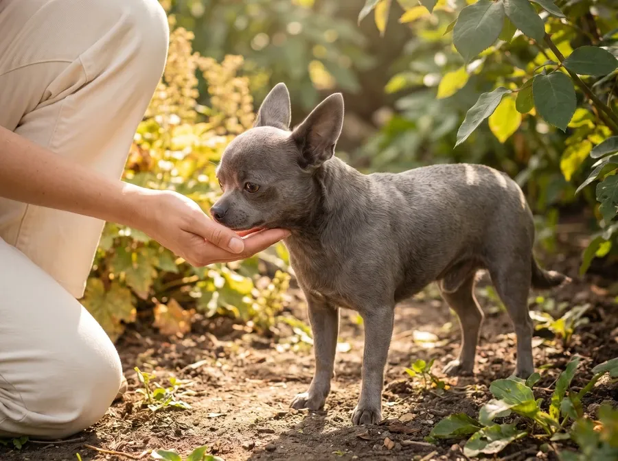 Chihuahua, a blue adult in a garden sniffing a kneeling pet parent's open hand