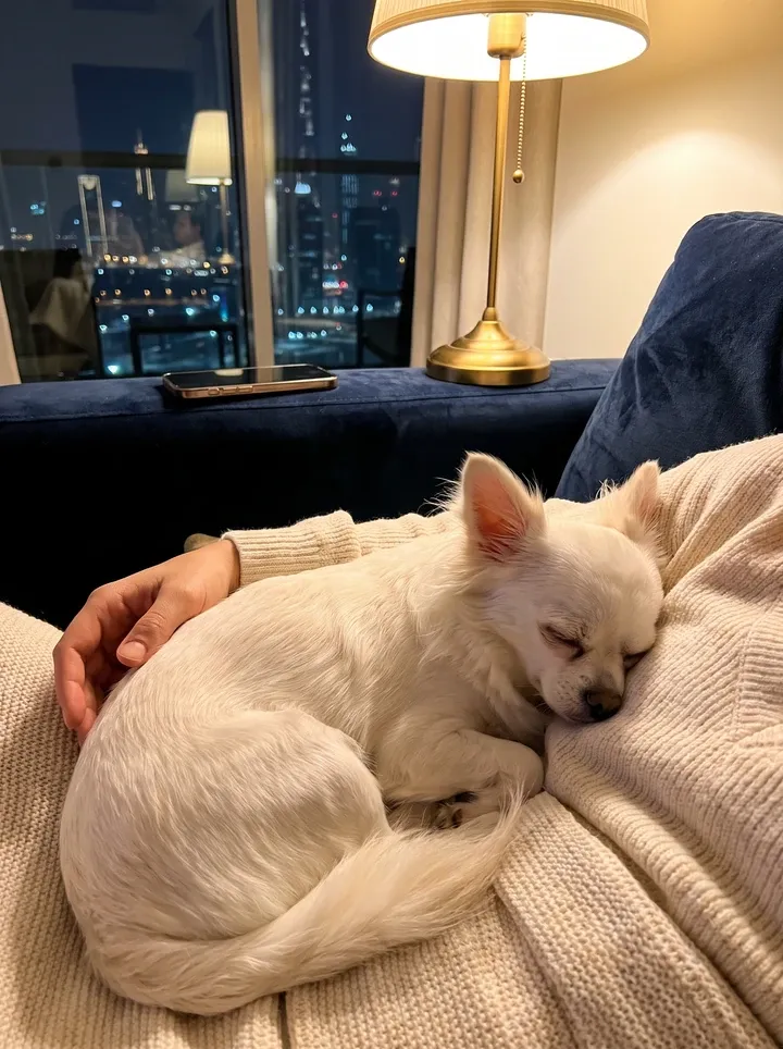 Chihuahua in Dubai, a long-coated white adult asleep on a pet parent's lap at night, city lights behind