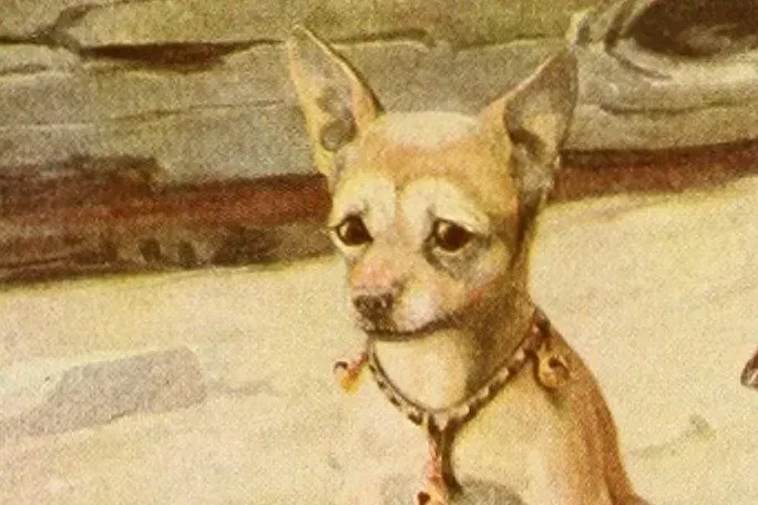 Chihuahua history, a painting of a fawn dog with large upright ears and a beaded collar, 1919