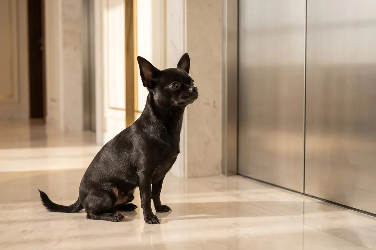 Chihuahua history, the breed today, a black adult sitting on a marble floor by the lift doors of a flat