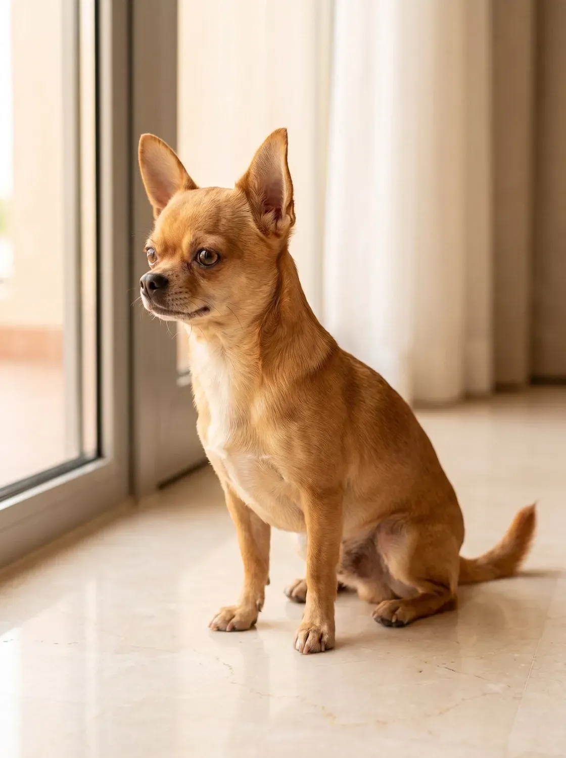 Chihuahua, the same red adult sitting on a marble floor in a bright flat, looking towards the window