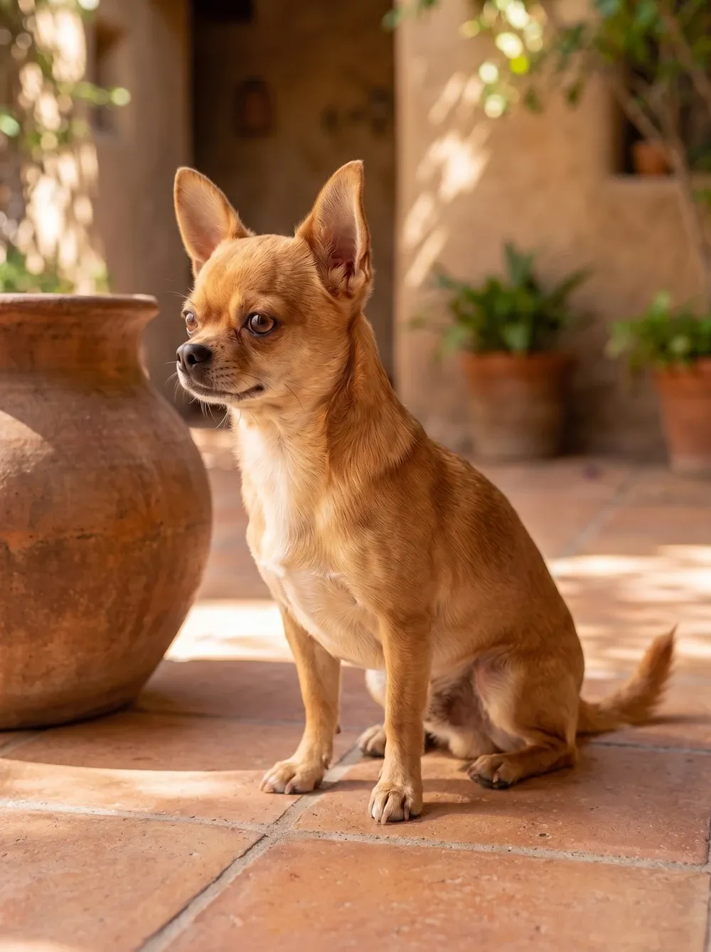 Chihuahua, a red adult sitting on a terracotta floor in a sunlit courtyard beside a clay pot