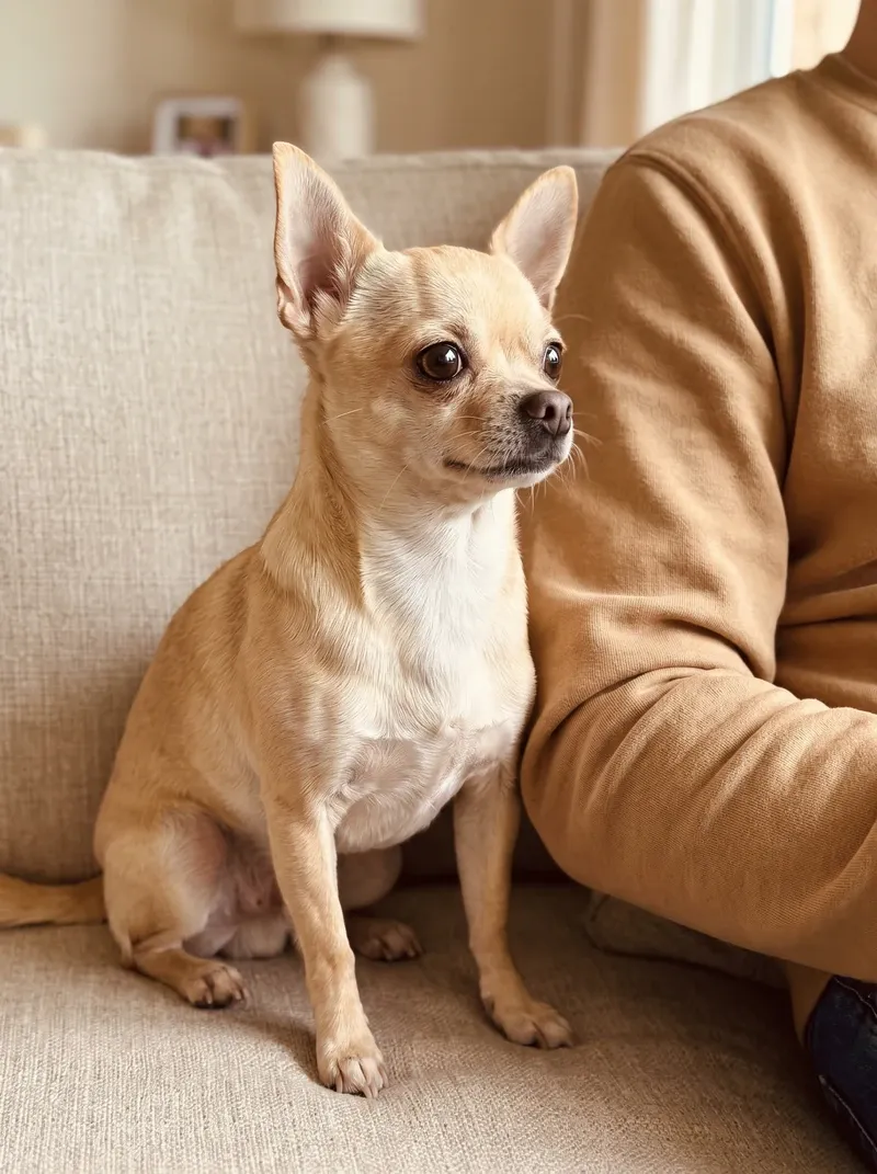 Chihuahua, a cream adult sitting close beside a pet parent on a linen sofa