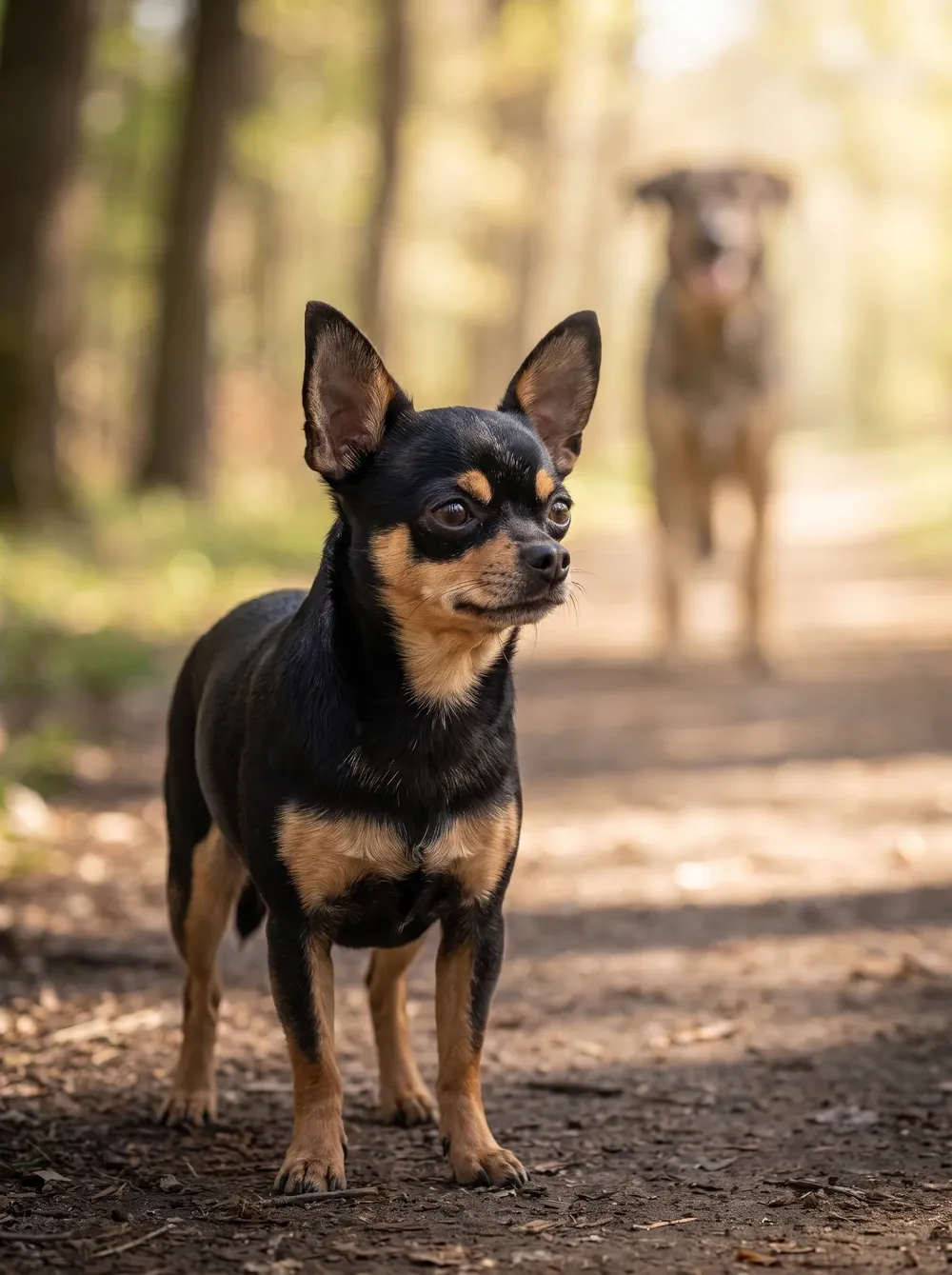 Chihuahua, a black and tan adult on a shaded park path, ears up, a larger dog far behind