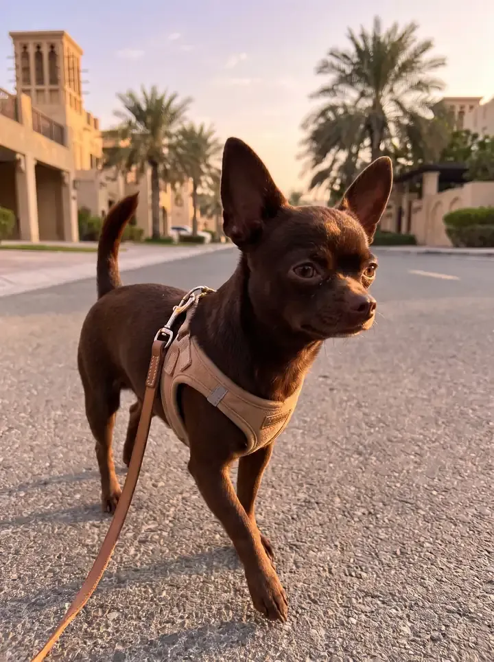 Chihuahua in Dubai, a chocolate adult in a tan harness on a lead, on a quiet street lined with palms at dawn