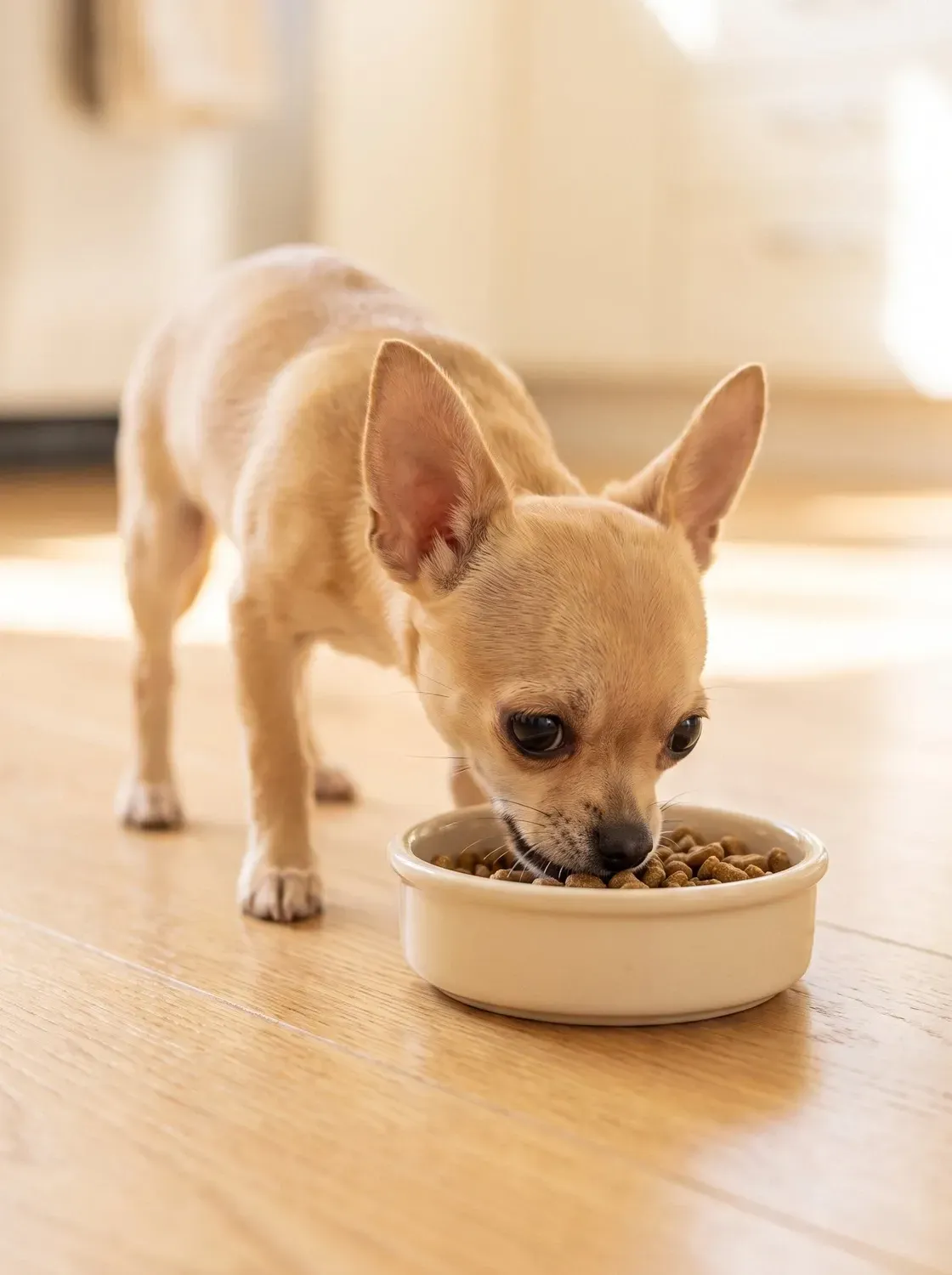 Chihuahua, a fawn puppy eating from a small cream bowl on a kitchen floor