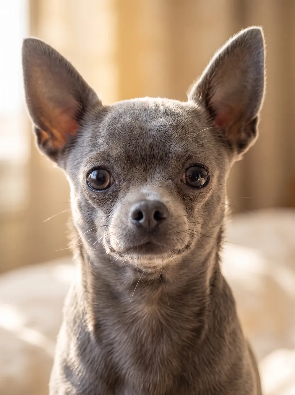Chihuahua, a close portrait of a blue adult with large round dark eyes