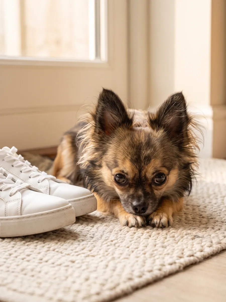 Chihuahua, a long-coated sable adult lying on a rug by the front door beside white trainers