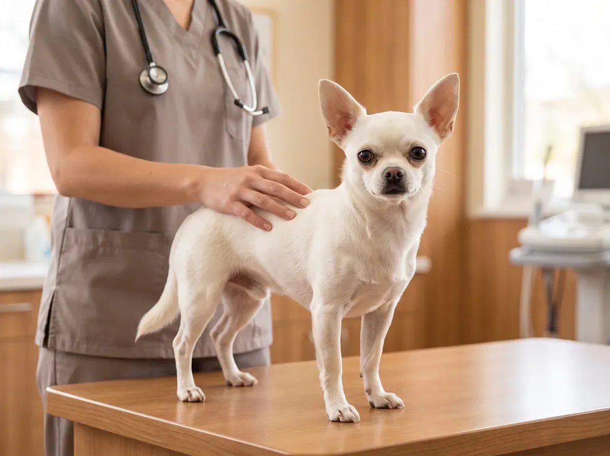 Chihuahua, a white adult standing on a clinic table as a vet in taupe scrubs rests a hand on the dog's back