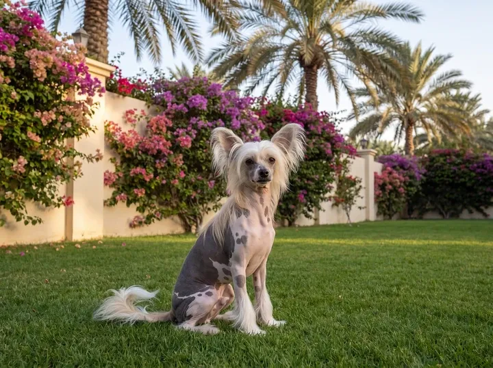 Chinese Crested in Dubai, a slate and pink hairless adult sitting on a villa lawn by bougainvillea and date palms