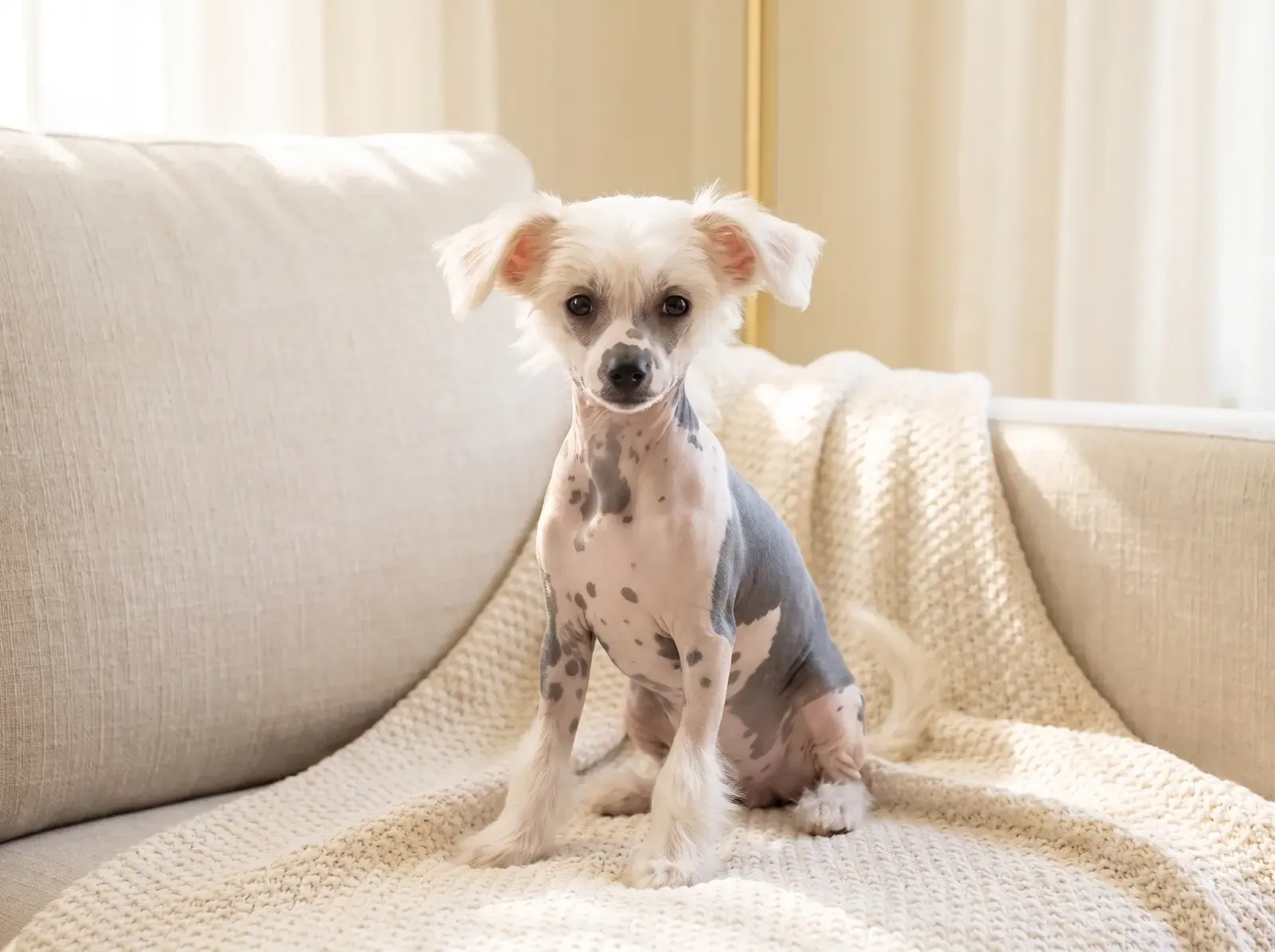 Chinese Crested, a pink and grey spotted hairless puppy sitting on a cream blanket on a sofa