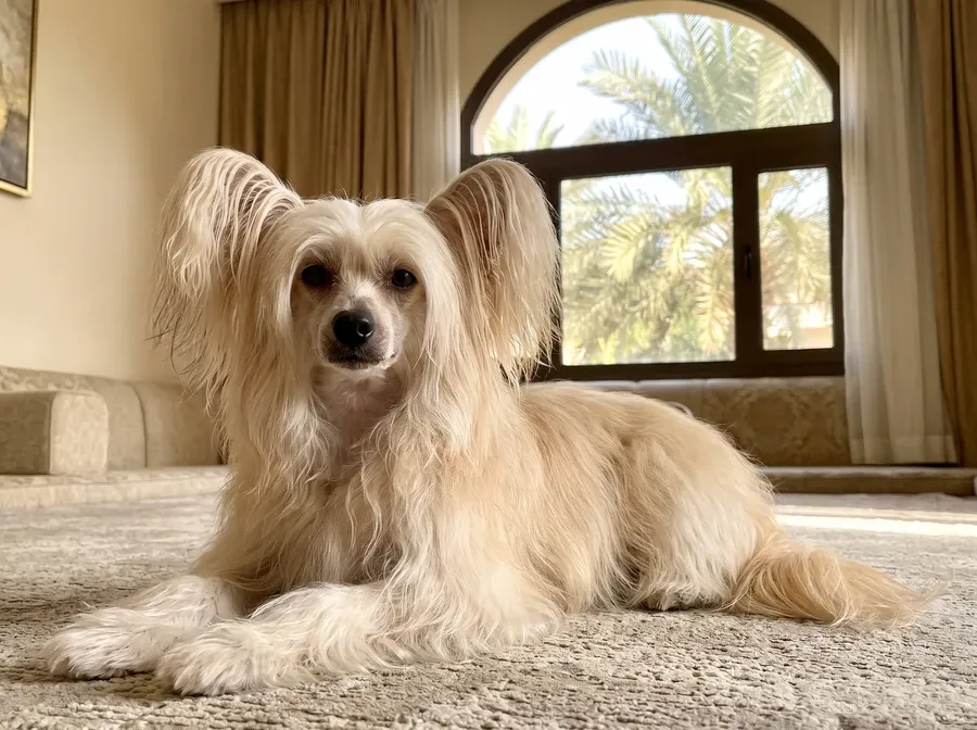 Chinese Crested in Dubai, a cream Powderpuff lying on a stone rug below an arched window onto palms