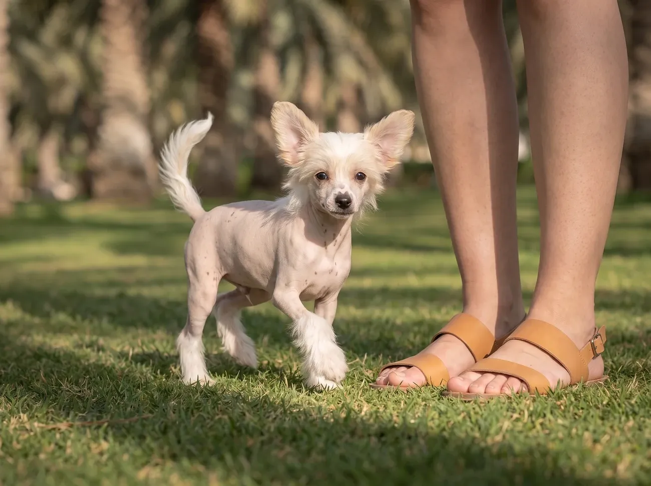 Chinese Crested in Dubai, a pink hairless puppy walking on a shaded lawn beside a pet parent's feet, palms behind