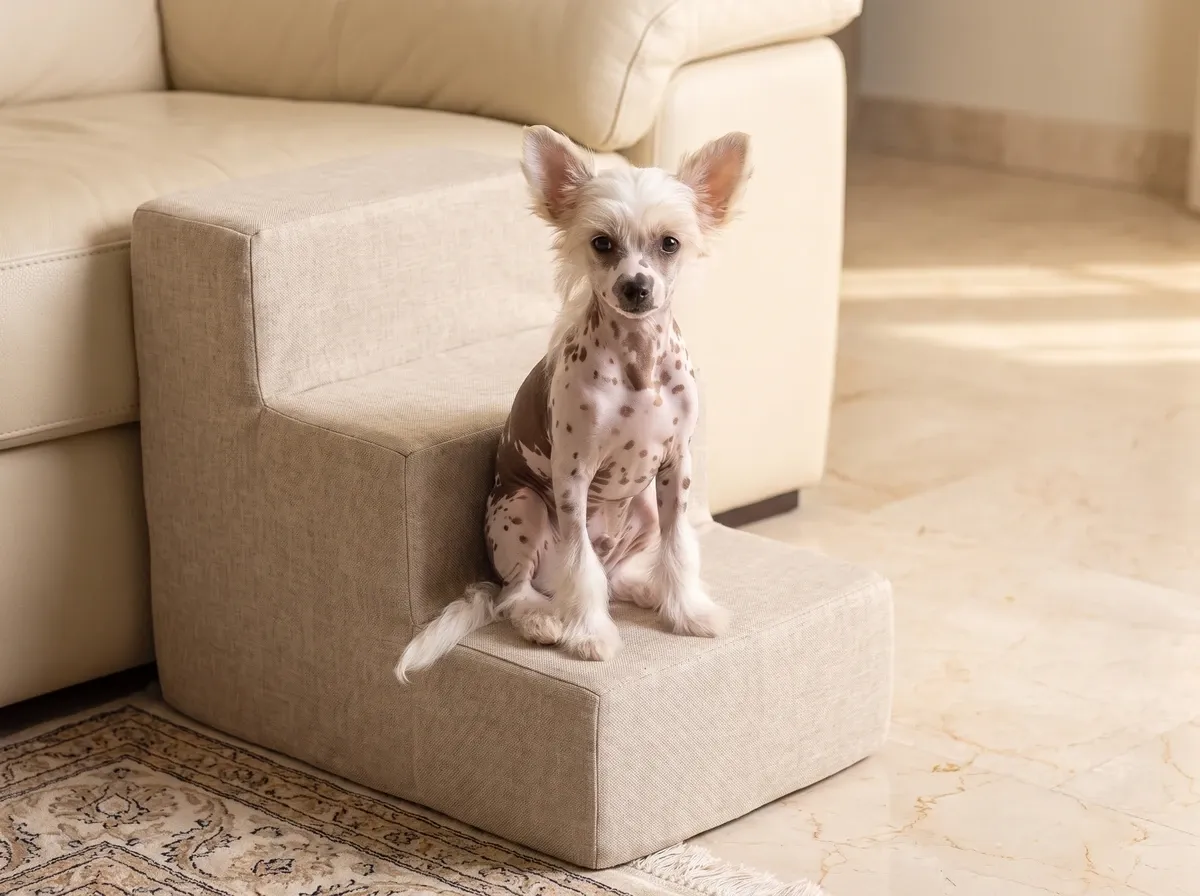 Chinese Crested, a young pink and spotted hairless dog sitting on padded dog steps beside a cream sofa