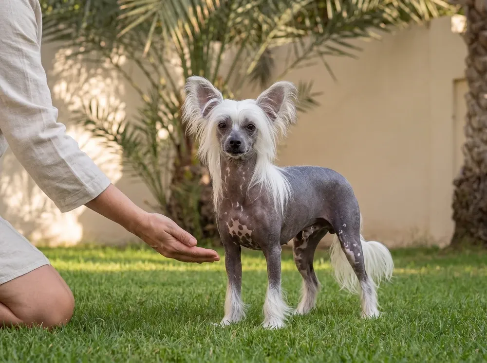Chinese Crested in Dubai, a slate and pink adult on a villa lawn as a pet parent kneels with a hand held out