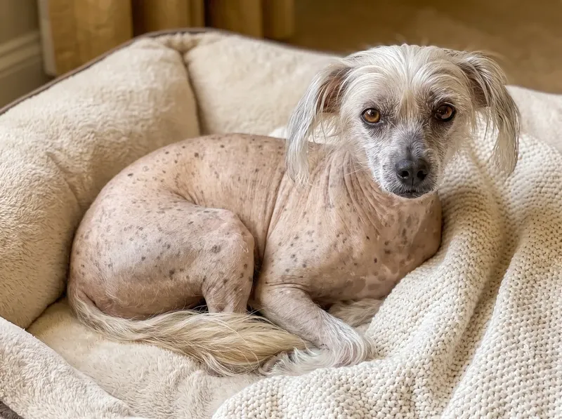 Chinese Crested, an older pink and spotted hairless dog with a silvering crest resting on a soft cream bed