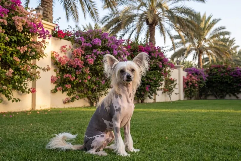 Chinese Crested history, the breed today, a slate and pink adult on a villa lawn by bougainvillea, Dubai, 2026