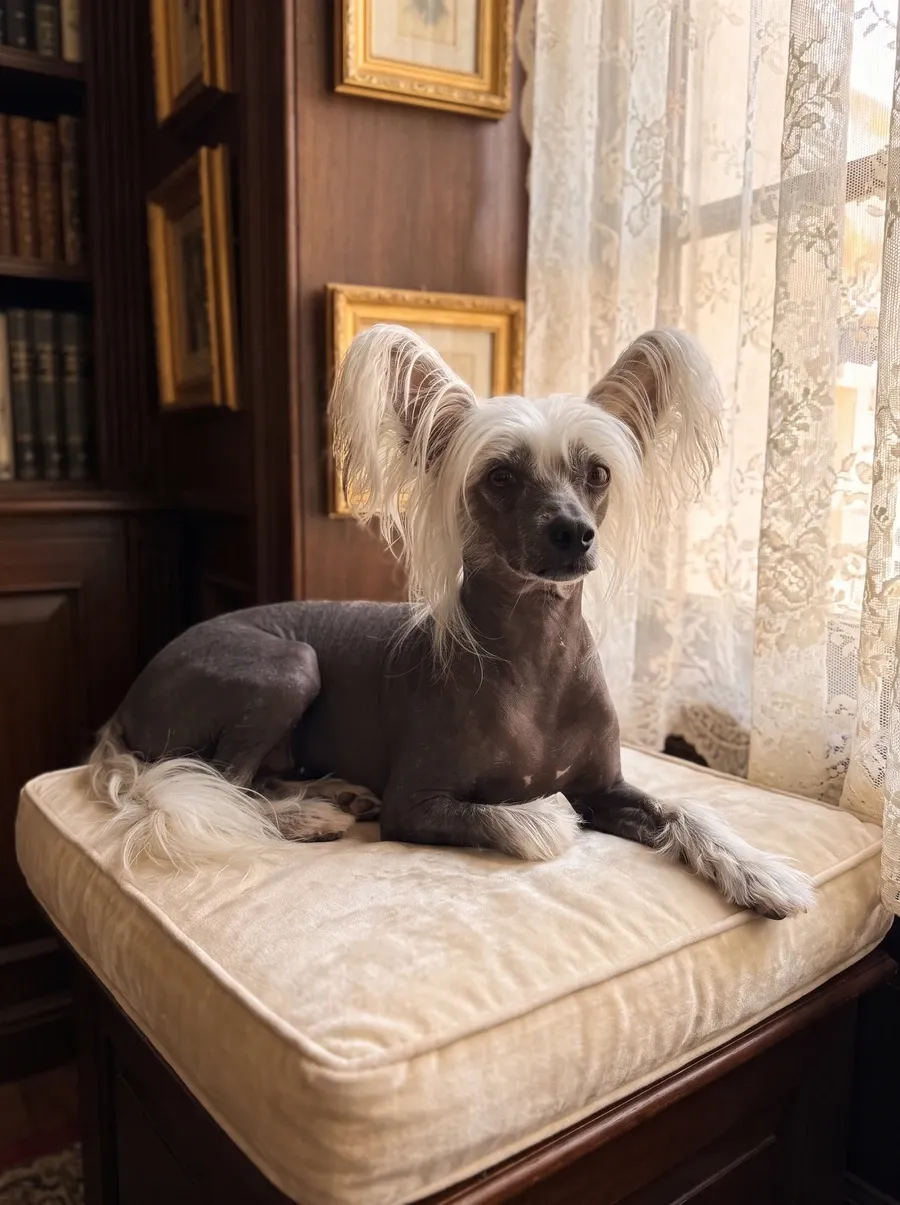 Chinese Crested, a dark slate hairless adult lying on a cream cushion in a wood-panelled study
