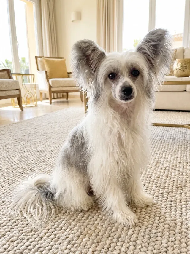 Chinese Crested, a white and grey Powderpuff sitting on a woven rug in a bright living room