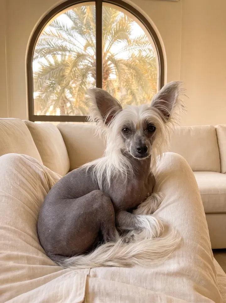 Chinese Crested in Dubai, a slate grey hairless adult curled in a pet parent's lap below an arched window onto palms