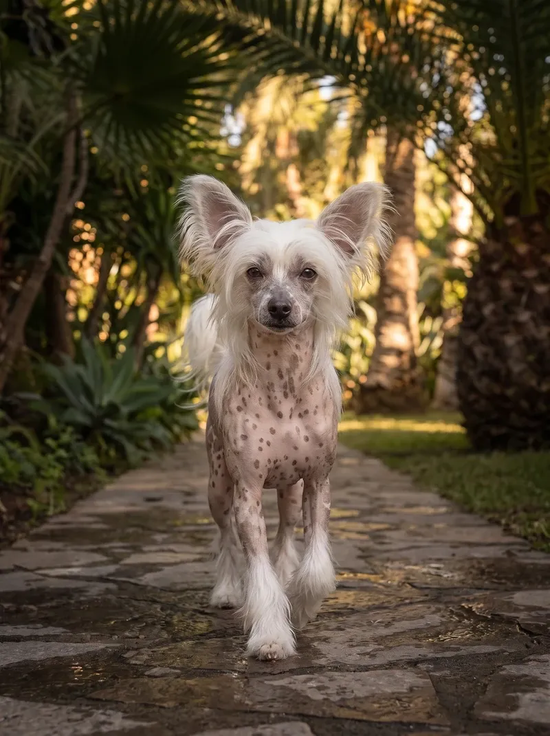 Chinese Crested in Dubai, a pink and spotted hairless adult walking on a shaded stone path under palms