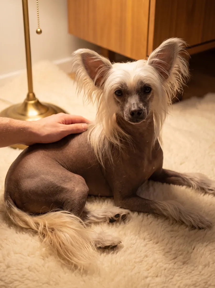 Chinese Crested, a chocolate hairless adult lying on a cream rug as a pet parent's hand rests on their back