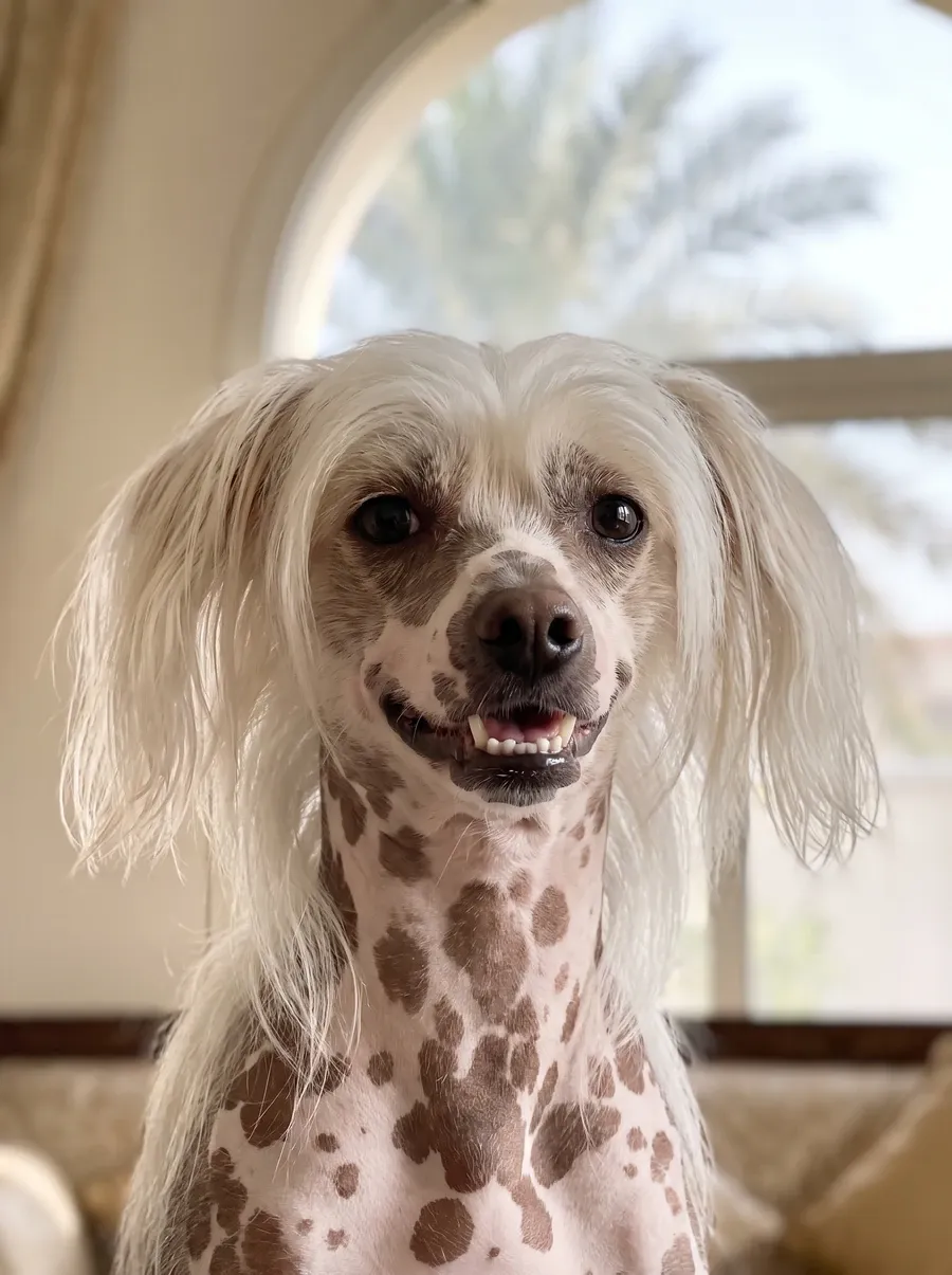 Chinese Crested, close portrait of a pink and spotted hairless adult with a white crest, mouth gently open