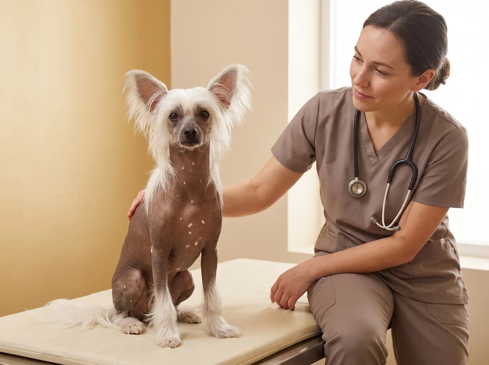Chinese Crested, a bronze hairless adult sitting on a padded mat as a vet in taupe scrubs rests a hand on their back