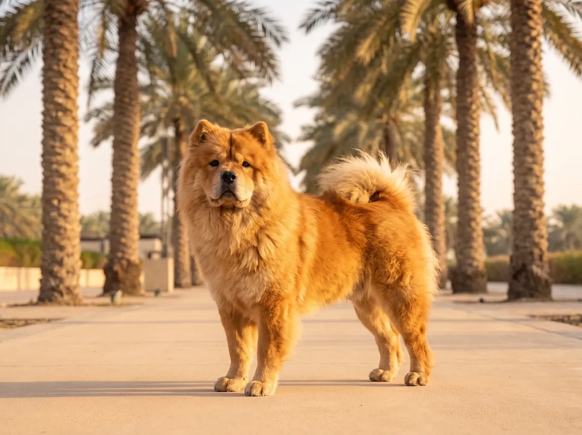 Chow Chow in Dubai, a red adult standing on a paved path between tall date palms in early morning light