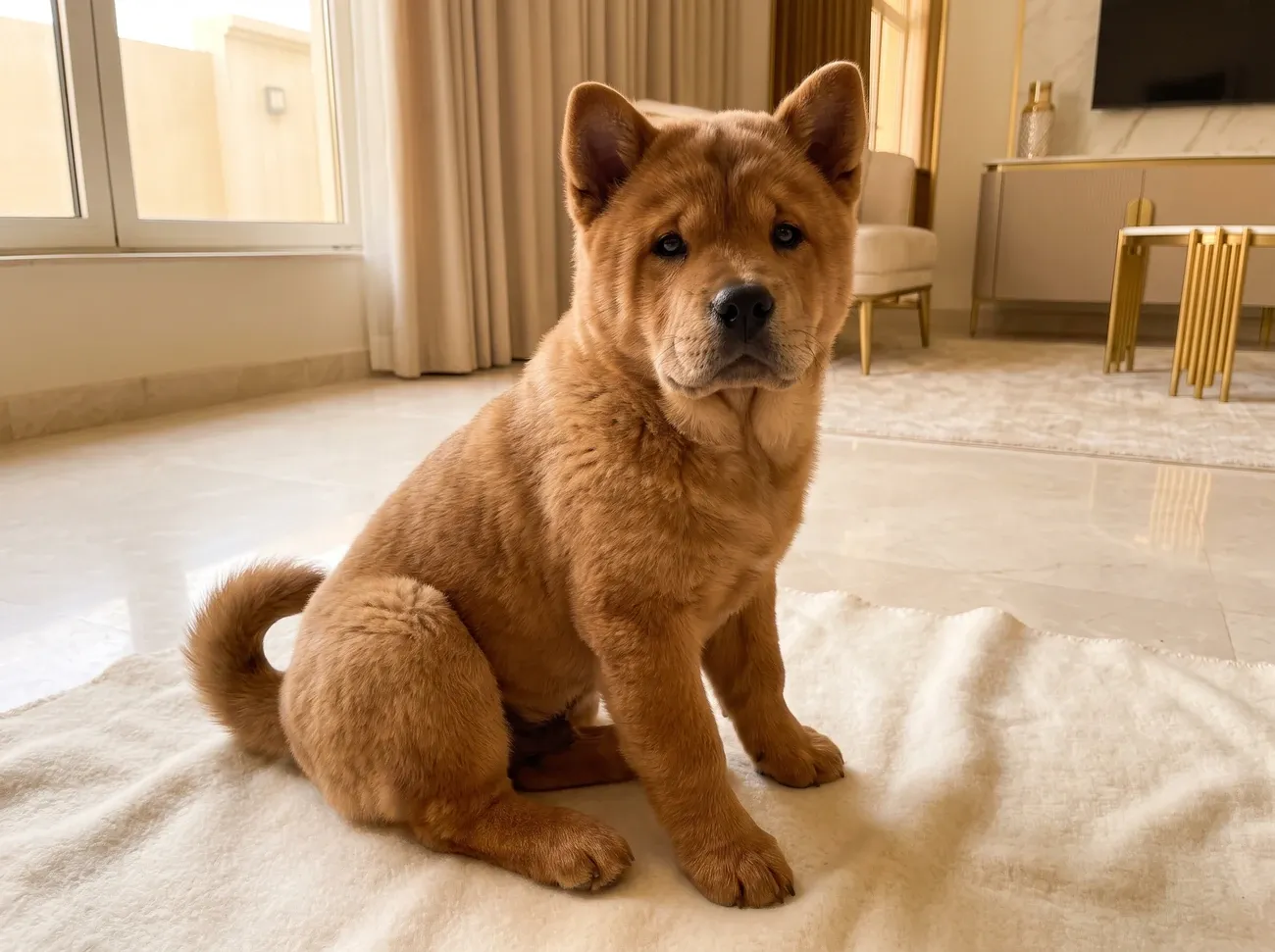 Chow Chow, a smooth-coated cinnamon puppy sitting on a cream rug in a bright room