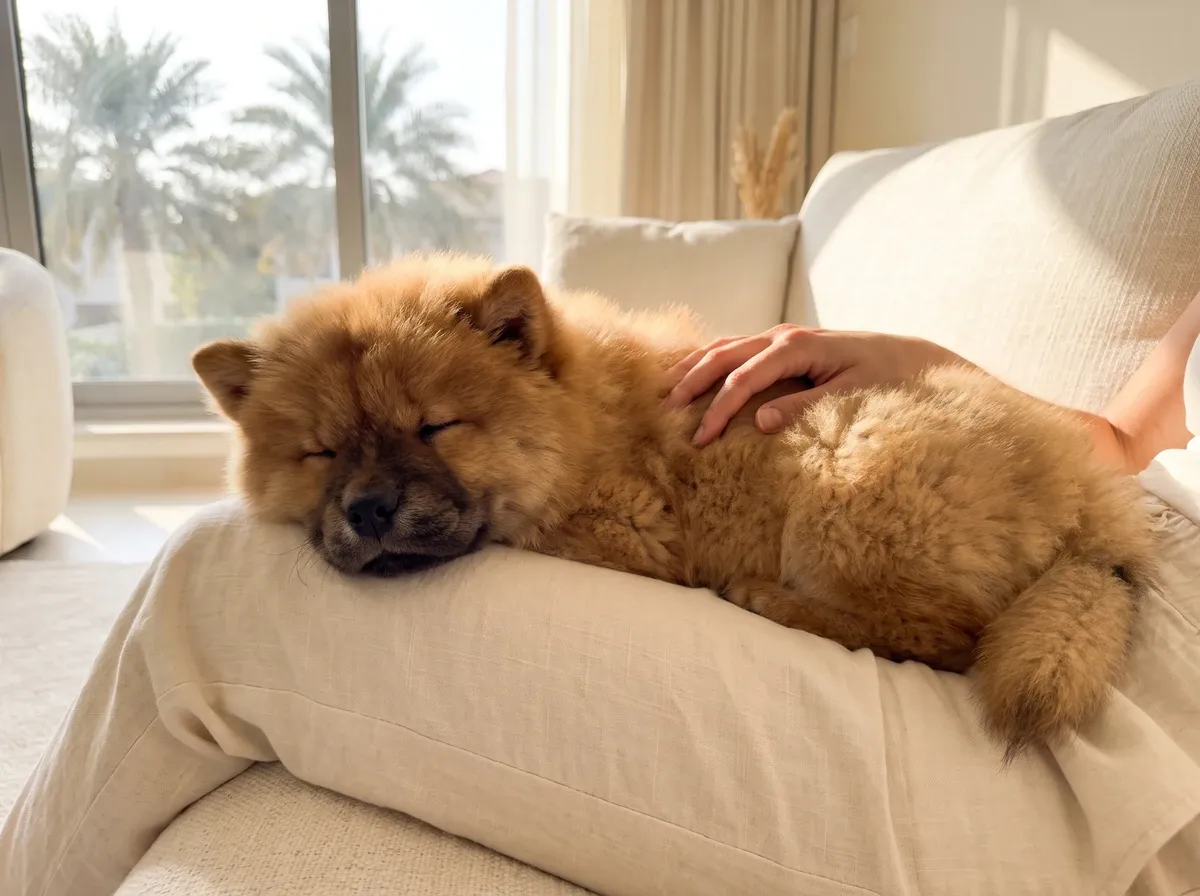 Chow Chow in Dubai, a red puppy asleep in a pet parent's lap on a cream sofa, palms outside